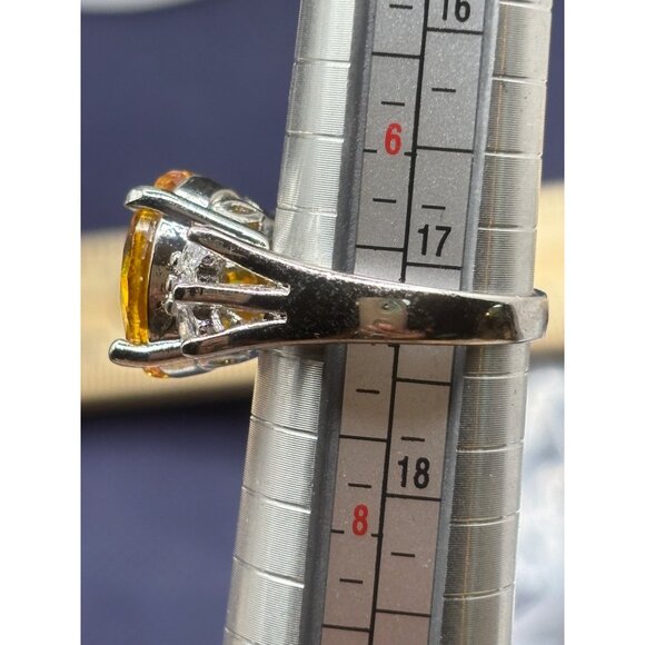 Citrine Ring 14mm Cubic Zirconia & Accent Stones Silver-Tone Band Exquisite - Picture 5 of 12